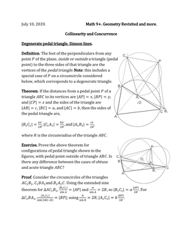 July 10, 2020. Math 9+. Geometry Revisited and More. Collinearity and Concurrence Degenerate Pedal Triangle. Simson Lines. De