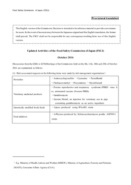 Updated Activities of the Food Safety Commission of Japan (FSCJ)