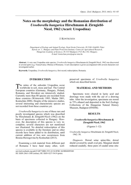 Notes on the Morphology and the Romanian Distribution of Uroobovella Hungarica Hirschmann & Zirngiebl- Nicol, 1962 (Acari: Uropodina)