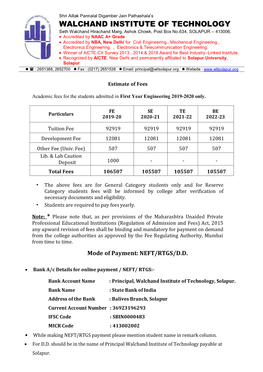 WALCHAND INSTITUTE of TECHNOLOGY Seth Walchand Hirachand Marg, Ashok Chowk, Post Box No.634, SOLAPUR – 413006