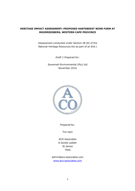 Heritage Impact Assessment: Proposed Hartebeest Wind Farm at Moorreesberg, Western Cape Province