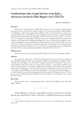 Consideraciones Sobre El Papel Del Oboe En Las Reglas Y Advertencias Generales De Pablo Minguet Y Irol (1752-1774)