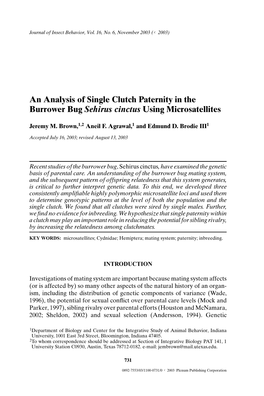 An Analysis of Single Clutch Paternity in the Burrower Bug Sehirus Cinctus Using Microsatellites