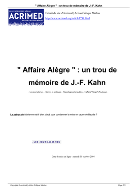 Affaire Alègre " : Un Trou De Mémoire De J.-F