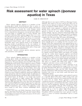 Risk Assessment for Water Spinach (Ipomoea Aquatica) in Texas