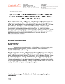 Macaulay Author Series Presents American Nerd's Benjamin Nugent with His Debut Novel on February 25, 2013