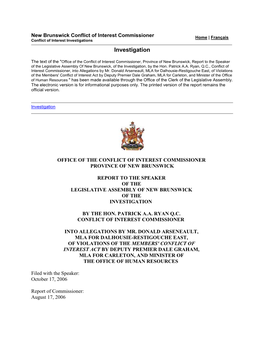 Allegations Involving Deputy Premier Dale Graham, MLA for Carleton