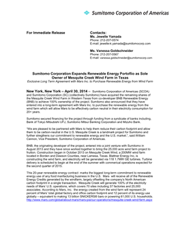 For Immediate Release Contacts: Sumitomo Corporation Expands