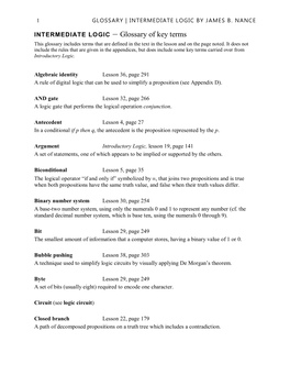 INTERMEDIATE LOGIC – Glossary of Key Terms This Glossary Includes Terms That Are Defined in the Text in the Lesson and on the Page Noted