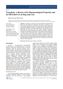 Trazodone: a Review of Its Pharmacological Properties and Its Off-Label Use in Dogs and Cats