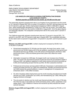 LOS ANGELES-LONG BEACH-GLENDALE METROPOLITAN DIVISION (LOS ANGELES COUNTY) Nonfarm Payrolls up 55,500 Over the Month; up 275,300 Over the Year