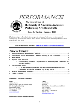 PERFORMANCE! the Newsletter of the Society of American Archivists’ Performing Arts Roundtable