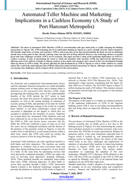 Automated Teller Machine and Marketing Implications in a Cashless Economy (A Study of Port Harcourt Metropolis)