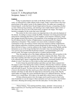 Feb. 11, 2018 Lesson 11: a Disciplined Faith Scripture: James 3: 1-12