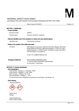 MATERIAL SAFETY DATA SHEET According to the (US) Hazard Communication Standard (29 CFR 1910.1200)