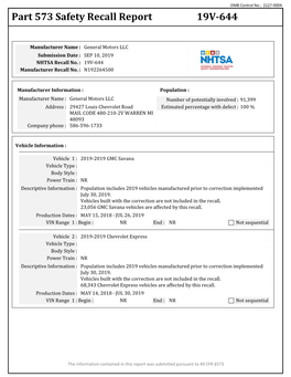 Part 573 Safety Recall Report 19V-644