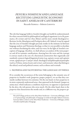 PENURIA NOMINUM and LANGUAGE RECTITUDO. LINGUISTIC ECONOMY in SAINT ANSELM of CANTERBURY Riccardo Fedriga – Roberto Limonta