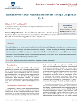 Termitomyces Marvel Medicinal Mushroom Having a Unique Life Cycle