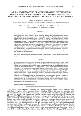 Naturalization of the Oil Collecting Bee Centris Nitida (Hymenoptera, Apidae, Centrini), a Potential Pollinator of Selected Nati