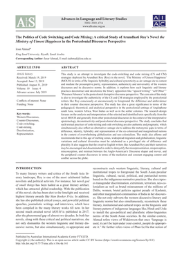 The Politics of Code Switching and Code Mixing: a Critical Study of Arundhati Roy’S Novel the Ministry of Utmost Happiness in the Postcolonial Discourse Perspective