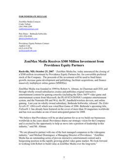 Zenimax Media Receives $300 Million Investment from Providence Equity Partners