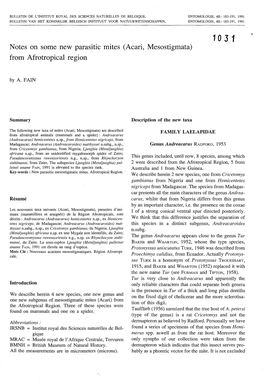 10 J 1 Notes on Some New Parasitic Mites (Acari, Mesostigmata) from Afrotropical Region