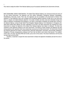 Need to Realign the Kollam-Theni National Highway As Per the Proposal Submitted by the Government of Kerala