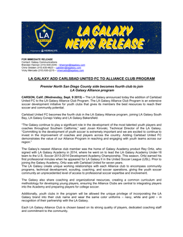 La Galaxy Add Carlsbad United Fc to Alliance Club Program