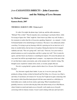 John Cassavetes and the Making of Love Streams by Michael Ventura Kamera Books, 2007