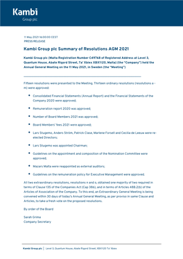 Kambi Group Plc Summary of Resolutions AGM 2021