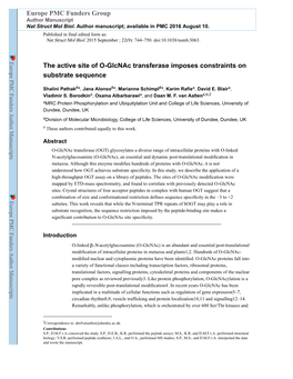 The Active Site of O-Glcnac Transferase Imposes Constraints on Substrate Sequence