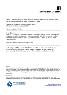 On the Threshold of Poems: a Paratextual Approach to the Narrative/Lyric Opposition in Italian Renaissance Poetry