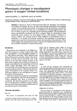 Phenotypic Changes in Mycobacteria Grown in Oxygen-Limited Conditions