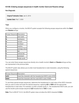 K4186: Entering Escape Sequences in Health Monitor Send and Receive Strings