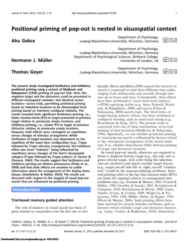 Positional Priming of Pop-Out Is Nested in Visuospatial Context Department of Psychology, # Ahu Gokce Ludwig-Maximilians-Universitat,¨ Munchen,¨ Germany $