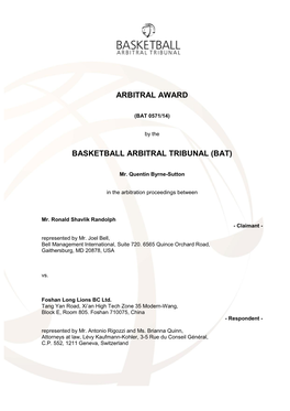 Arbitral Award Basketball Arbitral Tribunal (Bat)