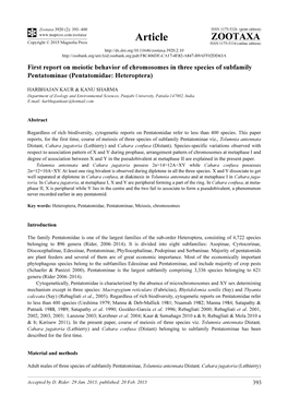 First Report on Meiotic Behavior of Chromosomes in Three Species of Subfamily Pentatominae (Pentatomidae: Heteroptera)