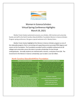 Women in Science Scholars Virtual Spring Conference Highlights March 19, 2021