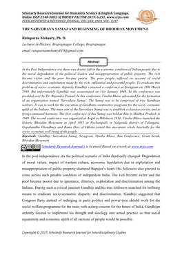 THE SARVODAYA SAMAJ and BEGINNING of BHOODAN MOVEMENT Rutuparna Mohanty, Ph. D. Lecturer in History, Brajrajnagar College, Brajr