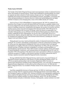 1 Walter Isard, 1919-2010 the Founder of the Field of Regional Science and Its Most Prominent Scholar in Industrial Location