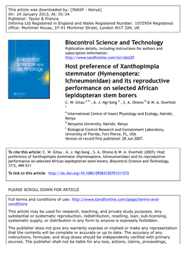 Hymenoptera: Ichneumonidae) and Its Reproductive Performance on Selected African Lepidopteran Stem Borers C