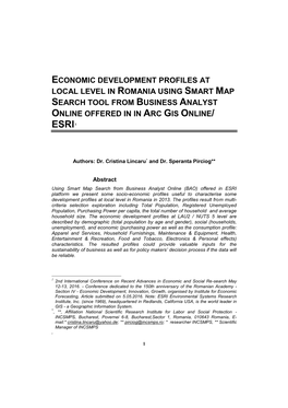Economic Development Profiles at Local Level in Romania Using Smart Map Search Tool from Business Analyst Online Offered in in Arc Gis Online/ Esri 1