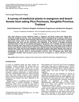 A Survey of Medicinal Plants in Mangrove and Beach Forests from Sating Phra Peninsula, Songkhla Province, Thailand
