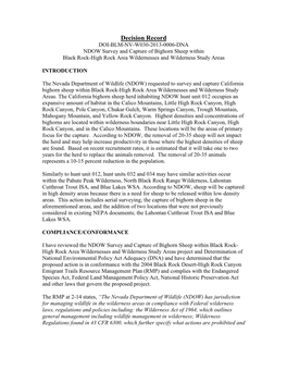 Decision Record DOI-BLM-NV-W030-2013-0006-DNA NDOW Survey and Capture of Bighorn Sheep Within Black Rock-High Rock Area Wildernesses and Wilderness Study Areas