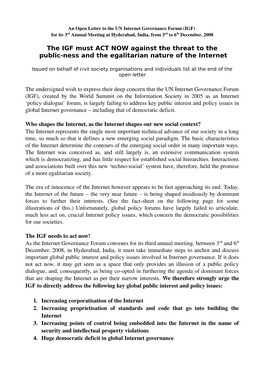Open Letter to the UN Internet Governance Forum (IGF) for Its 3Rd Annual Meeting at Hyderabad, India, from 3Rd to 6Th December, 2008