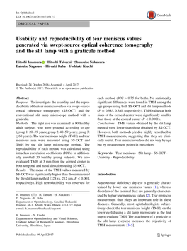 Usability and Reproducibility of Tear Meniscus Values Generated Via Swept-Source Optical Coherence Tomography and the Slit Lamp with a Graticule Method