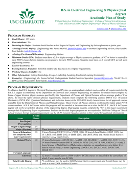 BS in Electrical Engineering & Physics (Dual Degree) Academic Plan of Study