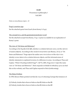 1 24.400 Proseminar in Philosophy I Fall 2003 Notes on Miscellanous