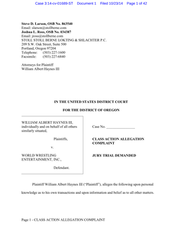 CLASS ACTION ALLEGATION COMPLAINT Steve D. Larson, OSB No. 863540 Email