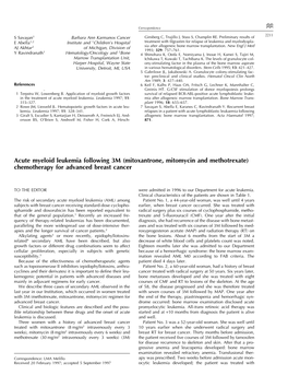 Acute Myeloid Leukemia Following 3M (Mitoxantrone, Mitomycin and Methotrexate) Chemotherapy for Advanced Breast Cancer